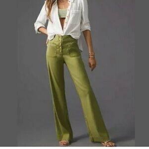 Anthropologie Maeve Olive Button Front Linen Blend Wide-Leg Trousers